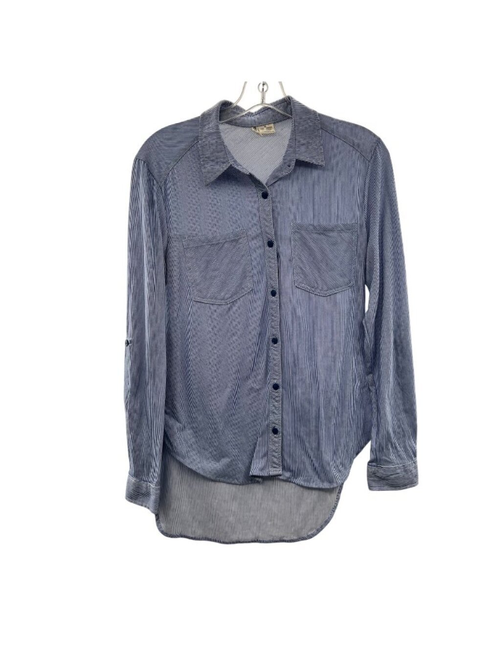 Passport Women's Striped Button Up Top Long Sleeve Blue Size Medium
